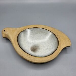 Studio Pottery Stoneware Ceramic Bird Trinket Dish Home Decor Tan Silver